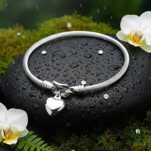 Cable Bangle Bracelet with Heart Charm 18K White Gold Plated Stainless Steel